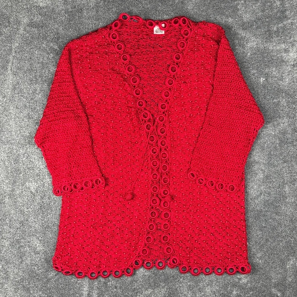 Red Beaded Crochet Cardigan Open Knit Ring Trim 3/4 Sleeve RN 80483 Medium - Picture 3 of 7